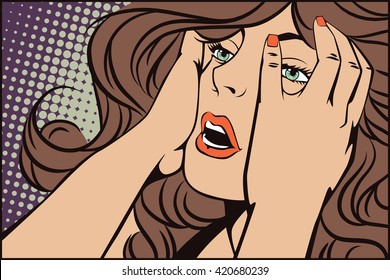 Stock illustration. People in retro style pop art and vintage advertising. Girl screaming in horror.
