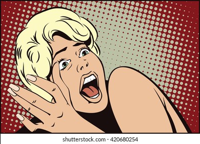 Stock illustration. People in retro style pop art and vintage advertising. Girl screaming in horror.