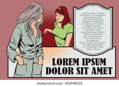 Stock illustration. People in retro style pop art and vintage advertising. Talking girls.