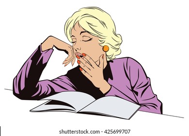 Stock illustration. People in retro style pop art and vintage advertising. Sleepy Teenage Girl Letting Out a Big Yawn