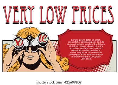 Stock illustration. People in retro style pop art and vintage advertising. Girl with binoculars