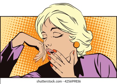 Stock illustration. People in retro style pop art and vintage advertising. Sleepy Teenage Girl Letting Out a Big Yawn