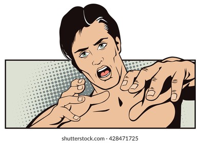 Stock illustration. People in retro style pop art and vintage advertising. Scared man.