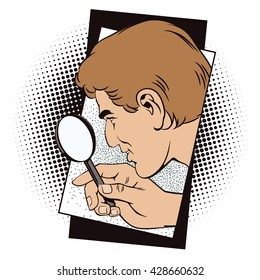Stock illustration. People in retro style pop art and vintage advertising. Man with magnifier.