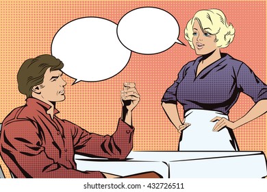 Stock illustration. People in retro style pop art and vintage advertising. Client cafes talking with the waitress.