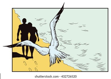 Stock illustration. People in retro style pop art and vintage advertising. Seagull flying over Loving couple