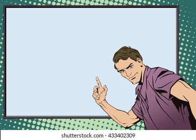 Stock illustration. People in retro style pop art and vintage advertising. Cool guy with poster.