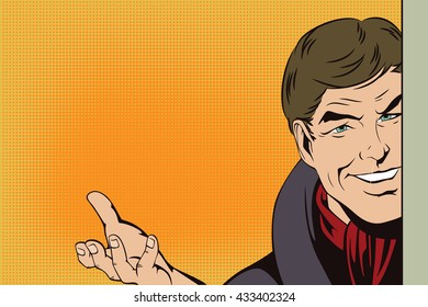 Stock illustration. People in retro style pop art and vintage advertising. Happy man holding presentation board