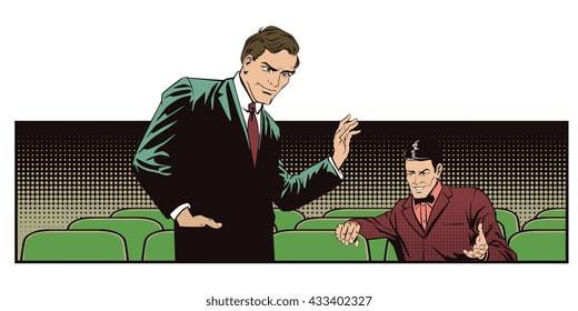 Stock illustration. People in retro style pop art and vintage advertising. Talking man.