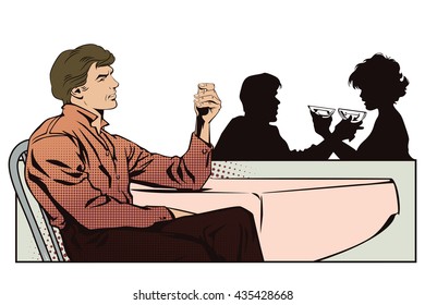 Stock illustration. People in retro style pop art and vintage advertising. Man is sitting for table. Silhouettes other people.