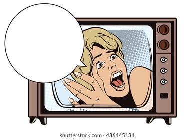 Stock illustration. People in retro style pop art and vintage advertising. Girl screaming in horror.