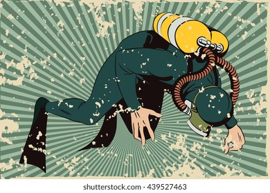 Stock illustration. People in retro style pop art and vintage advertising. Diver. Grunge version.