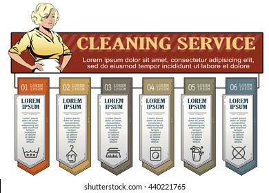 Stock illustration. People in retro style pop art and vintage advertising. Girl from cleaning service. Infographic and Diagram for your brand.