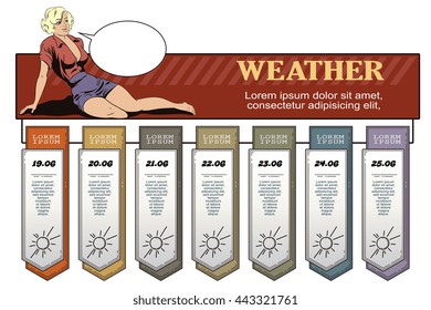 Stock illustration. People in retro style pop art and vintage advertising. Girl on vacation. Infographic and Diagram for your brand.