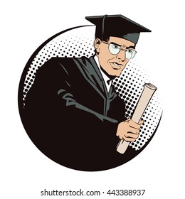 Stock illustration. People in retro style pop art and vintage advertising. Teacher with diploma.