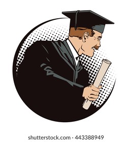 Stock illustration. People in retro style pop art and vintage advertising. Teacher with diploma.