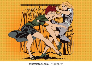 Stock illustration. People in retro style pop art and vintage advertising. Girls fighting. Sale. Discounts at store.