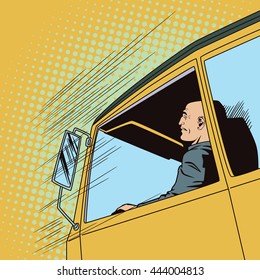 Stock illustration. People in retro style pop art and vintage advertising. Driver behind wheel of truck.
