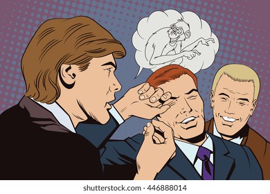 Stock illustration. People in retro style pop art and vintage advertising. Man tells funny story to friends.