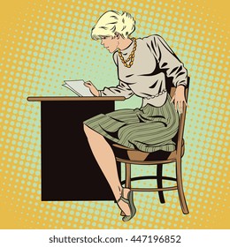 Stock illustration. People in retro style pop art and vintage advertising. Girl reads letter.