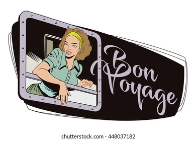 Stock illustration. People in retro style pop art and vintage advertising. Girl in the train. Start travel. Bon Voyage.