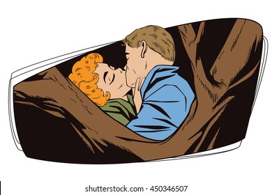 Stock illustration. People in retro style pop art and vintage advertising. Kiss of a loving couple.