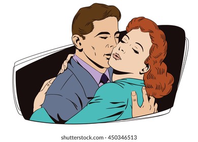 Stock illustration. People in retro style pop art and vintage advertising. Embraces of a loving couple