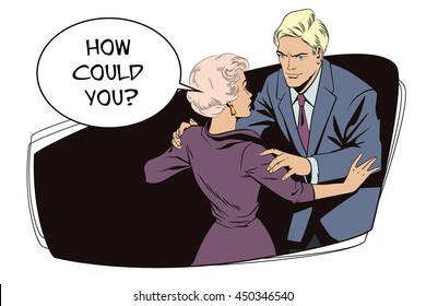 Stock illustration. People in retro style pop art and vintage advertising. Broken heart. Girl and boy talking.