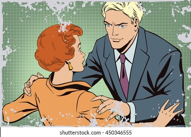 Stock illustration. People in retro style pop art and vintage advertising. Broken heart. Girl and boy talking.