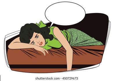 Stock illustration. People in retro style pop art and vintage advertising. Broken heart. Girl lies on bed and crying.