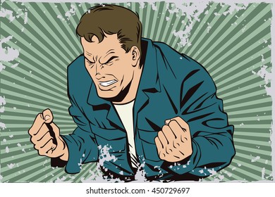 Stock illustration. People in retro style pop art and vintage advertising. Rage men screaming. Grunge version.