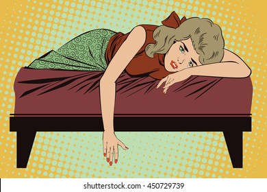 Stock illustration. People in retro style pop art and vintage advertising. Broken heart. Girl lies on bed and crying.