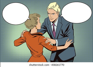 Stock illustration. People in retro style pop art and vintage advertising. Broken heart. Girl and boy talking.