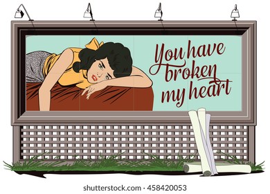 Stock illustration. People in retro style pop art and vintage advertising. Broken heart. Girl lies on bed and crying. Poster for your brand.