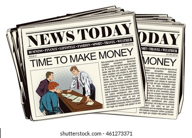 Stock illustration. People in retro style pop art and vintage advertising. Businessman. Boss and subordinates in newspaper. Time to make money. 