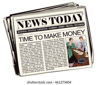 Stock illustration. People in retro style pop art and vintage advertising. Businessman. Boss and subordinates in newspaper. Time to make money. 