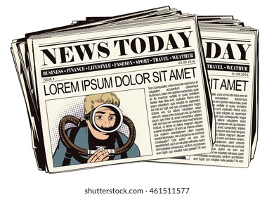Stock illustration. People in retro style pop art and vintage advertising. Diver. Newspaper article.