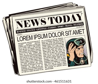 Stock illustration. People in retro style pop art and vintage advertising. Diver. Newspaper article.