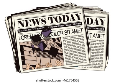 Stock illustration. People in retro style pop art and vintage advertising. People throw academic caps.  Newspaper article.