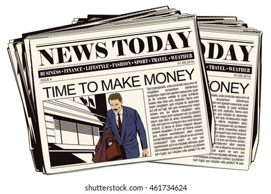 Stock illustration. People in retro style pop art and vintage advertising. Time to make money. Businessman goes to work. Newspaper article.