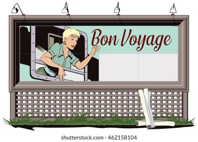 Stock illustration. People in retro style pop art and vintage advertising. Girl in the train. Start travel. Bon Voyage. Poster for your brand.