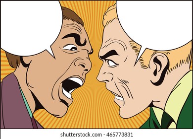 Stock illustration. People in retro style pop art and vintage advertising. Two men swear.