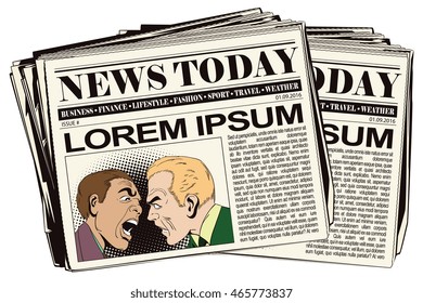 Stock illustration. People in retro style pop art and vintage advertising. Two men swear. Newspaper article.