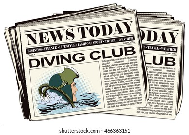 Stock illustration. People in retro style pop art and vintage advertising. Diver. Newspaper article.