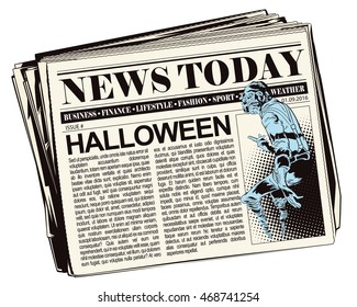 Stock illustration. People in retro style pop art and vintage advertising. Ghost Halloween. Newspaper article.