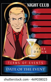 Stock illustration. People in retro style pop art and vintage advertising. Devil welcome gesture. Template invitation for a party.