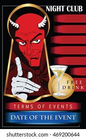 Stock illustration. People in retro style pop art and vintage advertising. Satan reminds about Halloween. Template invitation for a party.