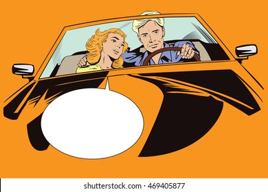 Stock illustration. People in retro style pop art and vintage advertising. Guy and girl in a sports car.