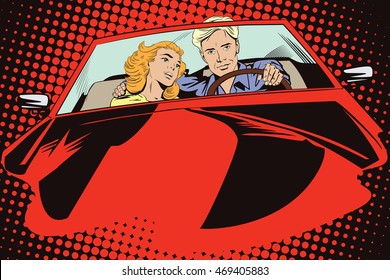 Stock illustration. People in retro style pop art and vintage advertising. Guy and girl in a sports car.