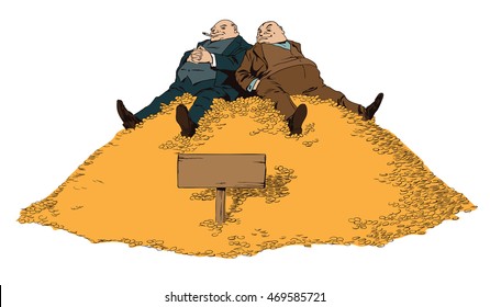 Stock illustration. People in retro style pop art and vintage advertising. Two rich man sitting on a mountain of money.